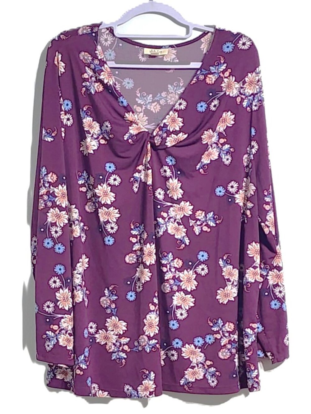 Style & Co. Floral Twist Front  Blouse Burgundy 3X Long Sleeve